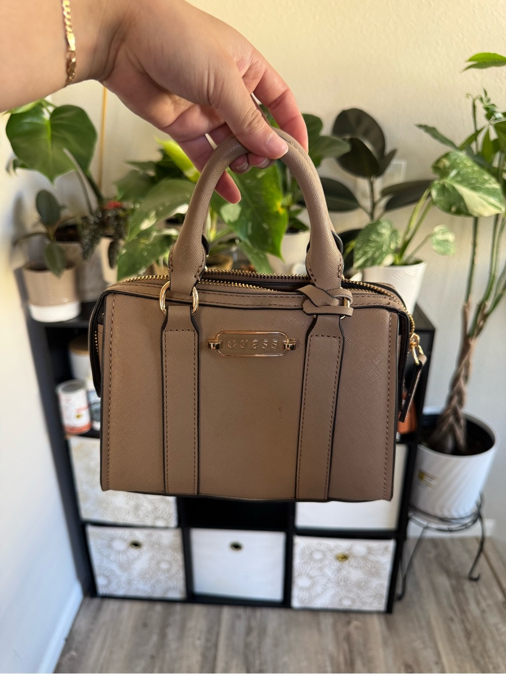 GUESS Taupe Structured Top-Handle Satchel with Gold Hardware